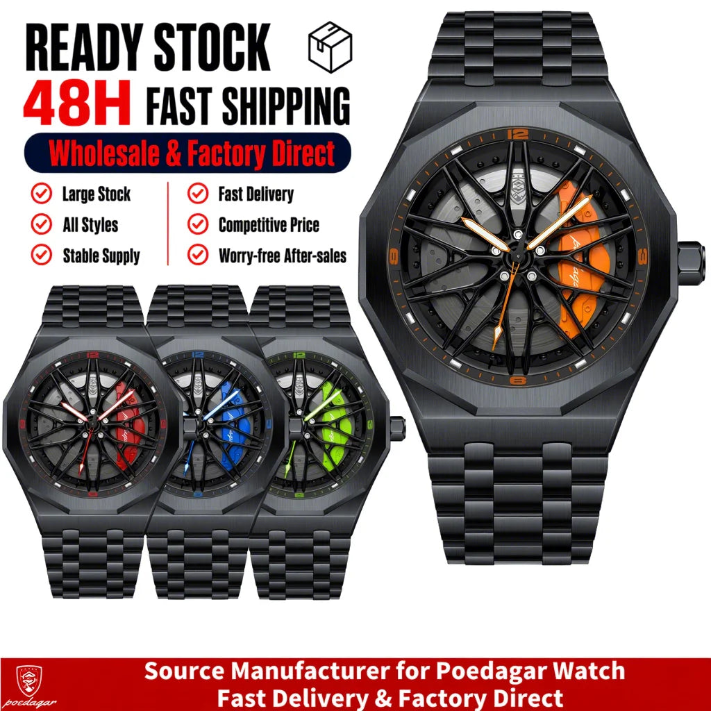 Poedagar 809 Mens Quartz Watch 3D Rotating Car Wheel Hub Stainless Steel Band Sports Wristwatch for Men Wholesale Ready to Ship