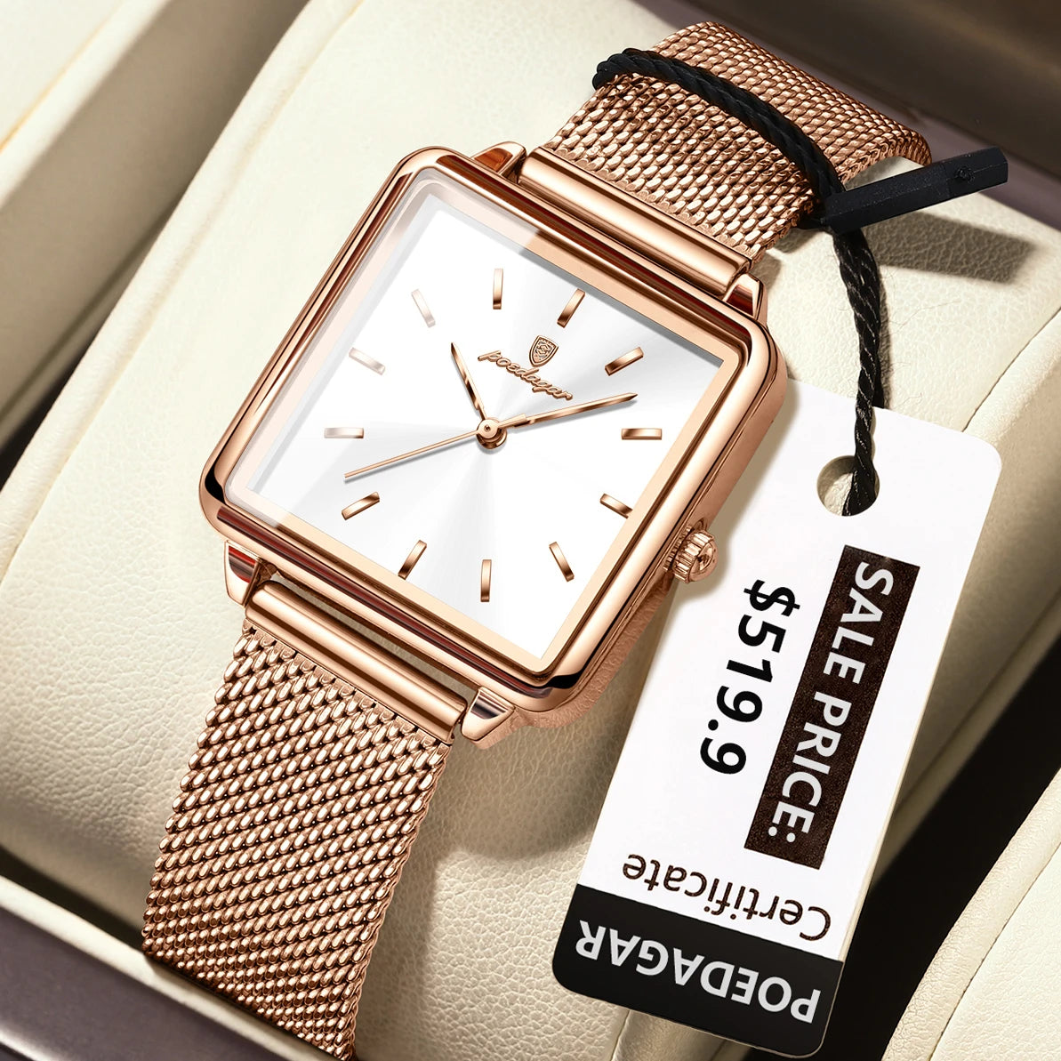 Poedagar Factory Wholesale Rose Gold Square Dial Women Quartz Watch Luxury Stainless Steel Mesh Belt Waterproof Ladies Watch