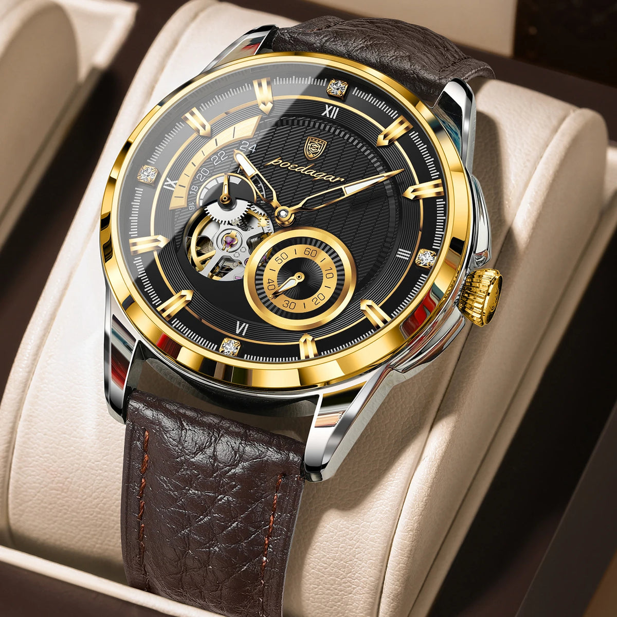 Poedagar 1427 Men Automatic Mechanical Watch Leather Band Luminous 3ATM Daily Waterproof Wristwatch