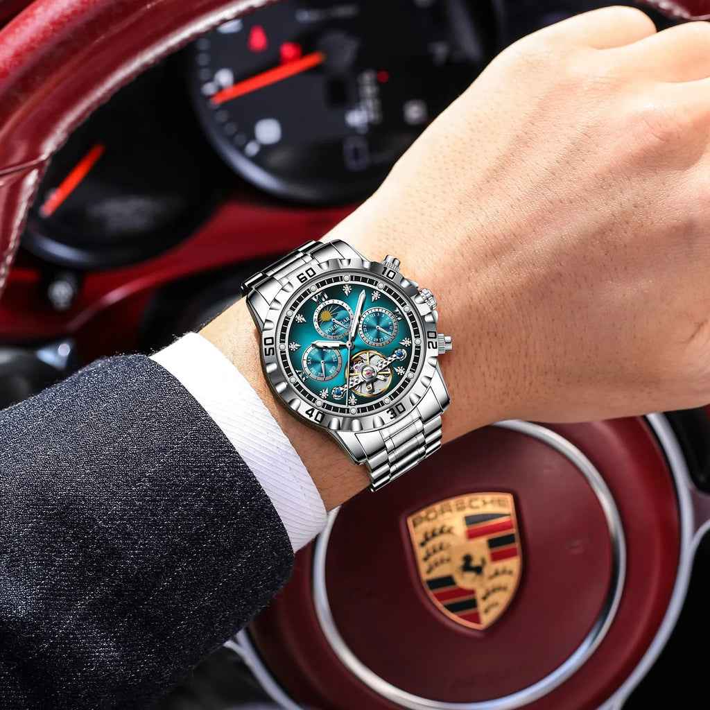 Poedagar 1423 Luxury Men's Mechanical Watch Hollow Tourbillon Stainless Steel Automatic Wristwatch Waterproof Luminous Montre