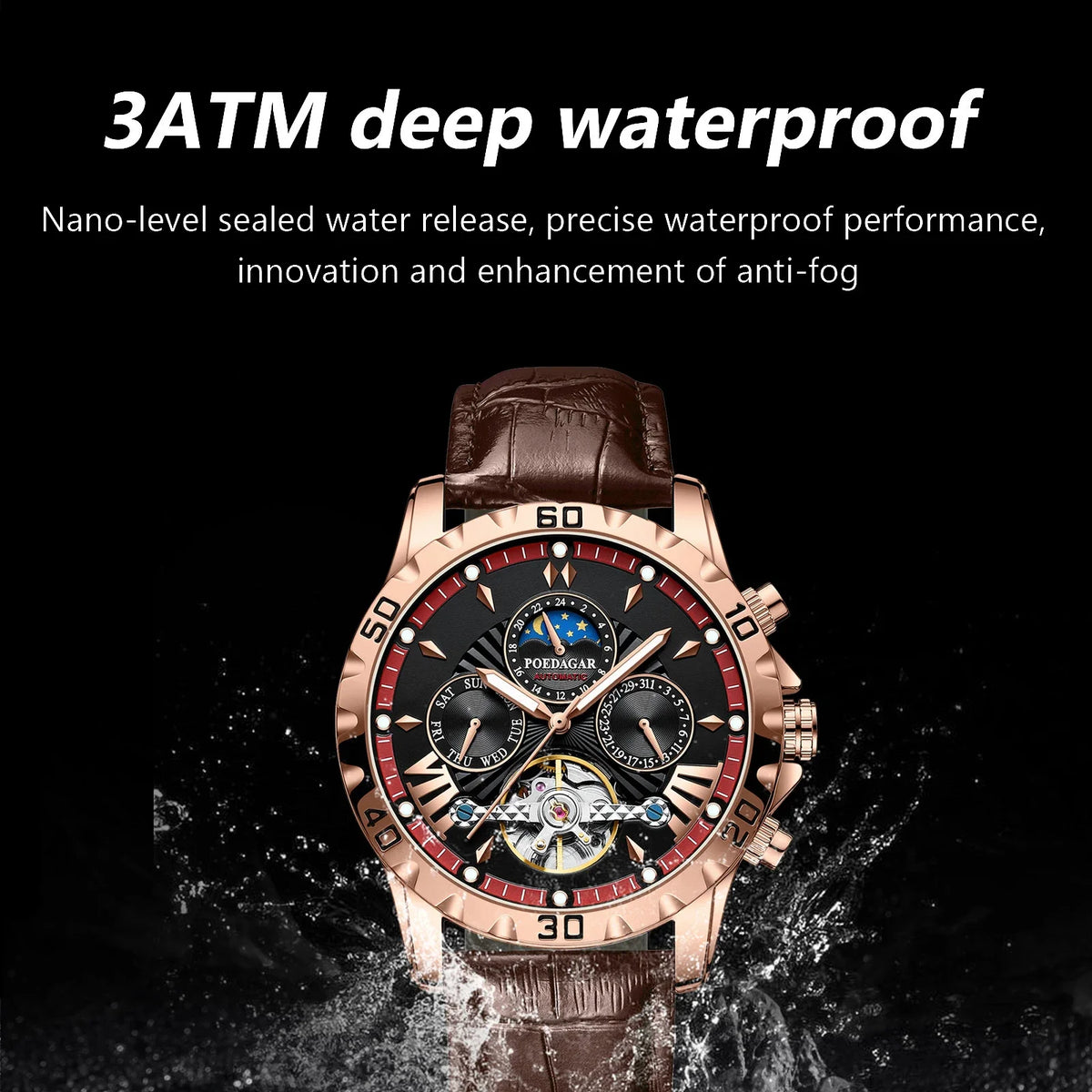 Poedagar Hollow Tourbillon Automatic Men's Watch Luxury LeatherWaterproof Luminous Mechanical Watch