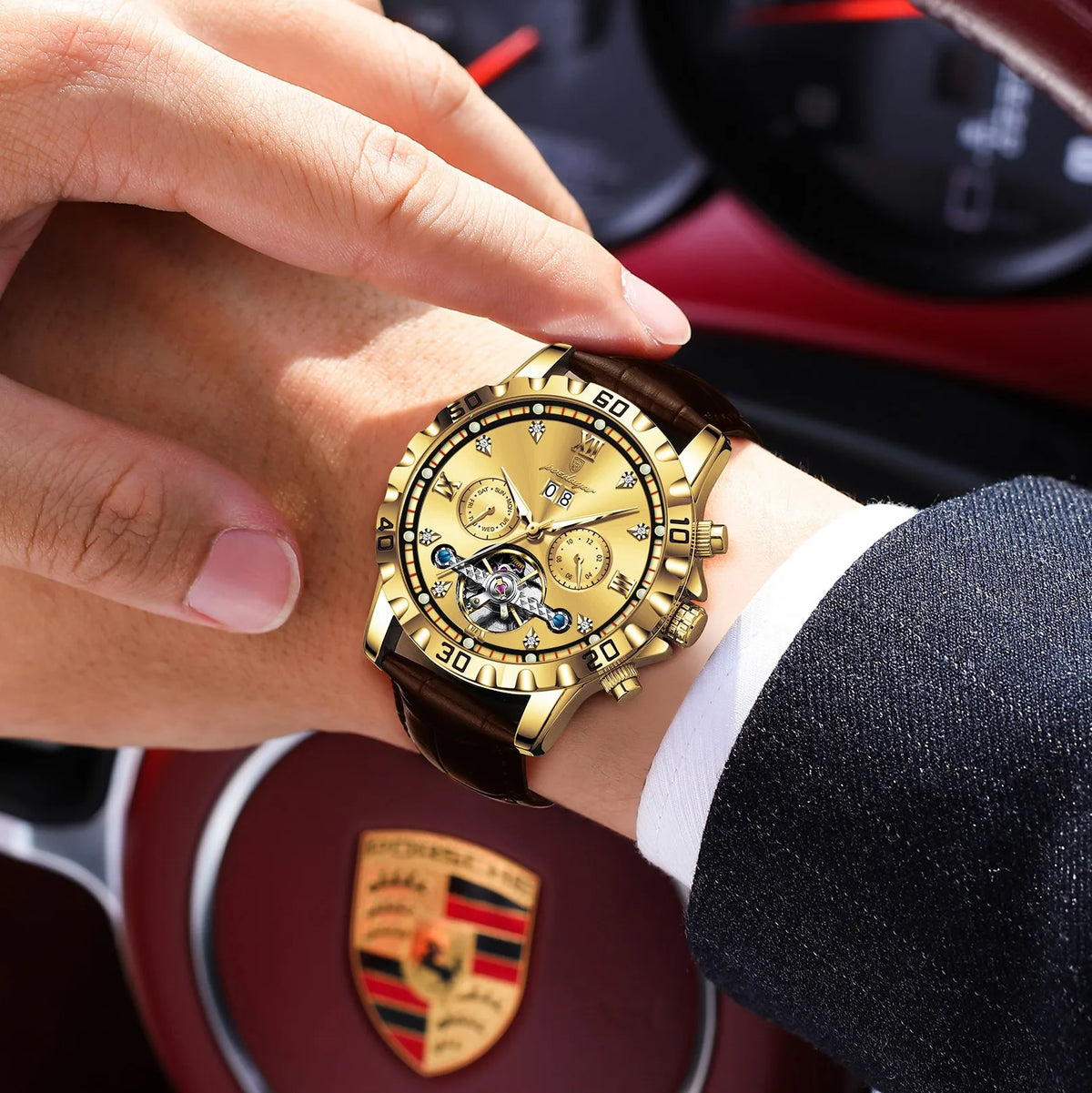 Poedagar 1418 Luxury Automatic Men's Mechanical Watch Gold-Tone Leather Hollow Tourbillon Waterproof Luminous Wristwatch for Men