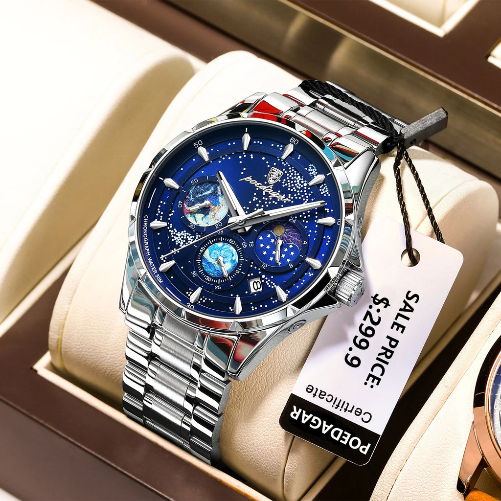 Poedagar Fashion Star Dial Watch for Men Luxury Stainless Steel Watch Wrist Waterproof Luminous Date Quartz Watches