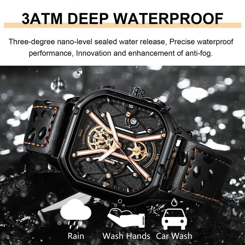 Poegadar Casual Watch for Men Top Quality Luxury Luminous Leather Wrist Chronograph Date Sport Men Watch