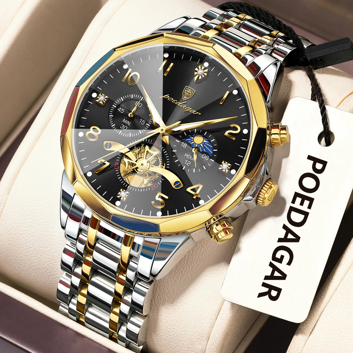 Poedagar 939 Men's Luxury Stainless Steel Chronograph Quartz Watch Waterproof Luminous Watch for Men