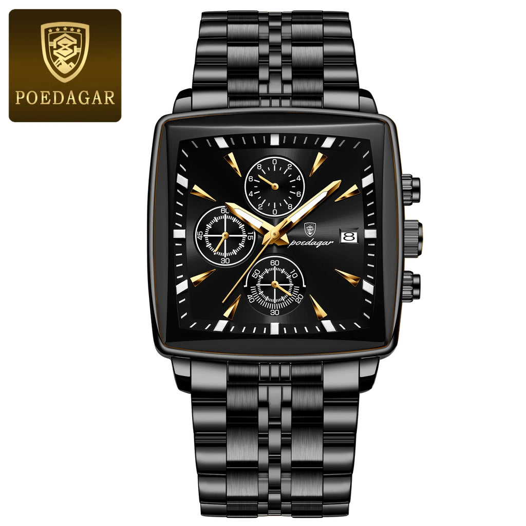 Poedagar New Fashion Square Stainless Steel Men's Watches Waterproof Luminous Chronograph Quartz Watch for Men