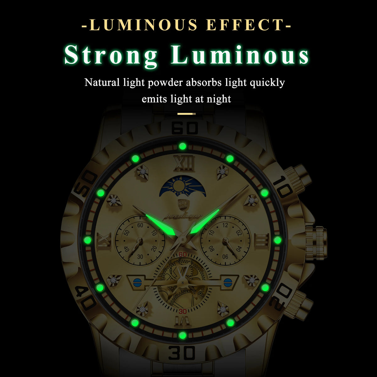 Poedagar 634 Classic Men's Chronograph Watch All Gold Stainless Steel Luminous Waterproof Quartz Watch for Men Business Reloj