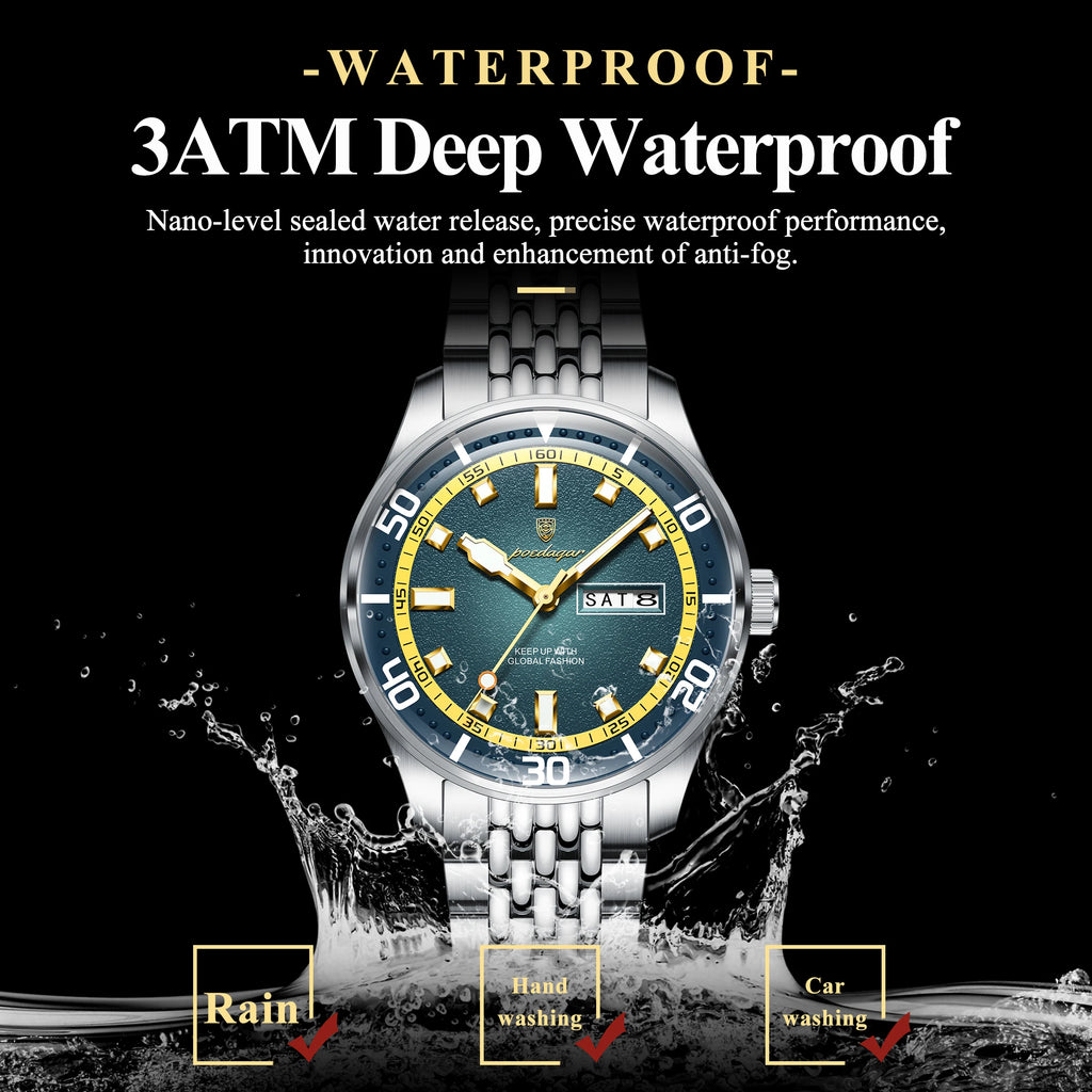 Poedagar 609 Men's Watches Luxury Fashion Waterproof Luminous Stainless Steel Date Day Quartz Wristwatch for Men