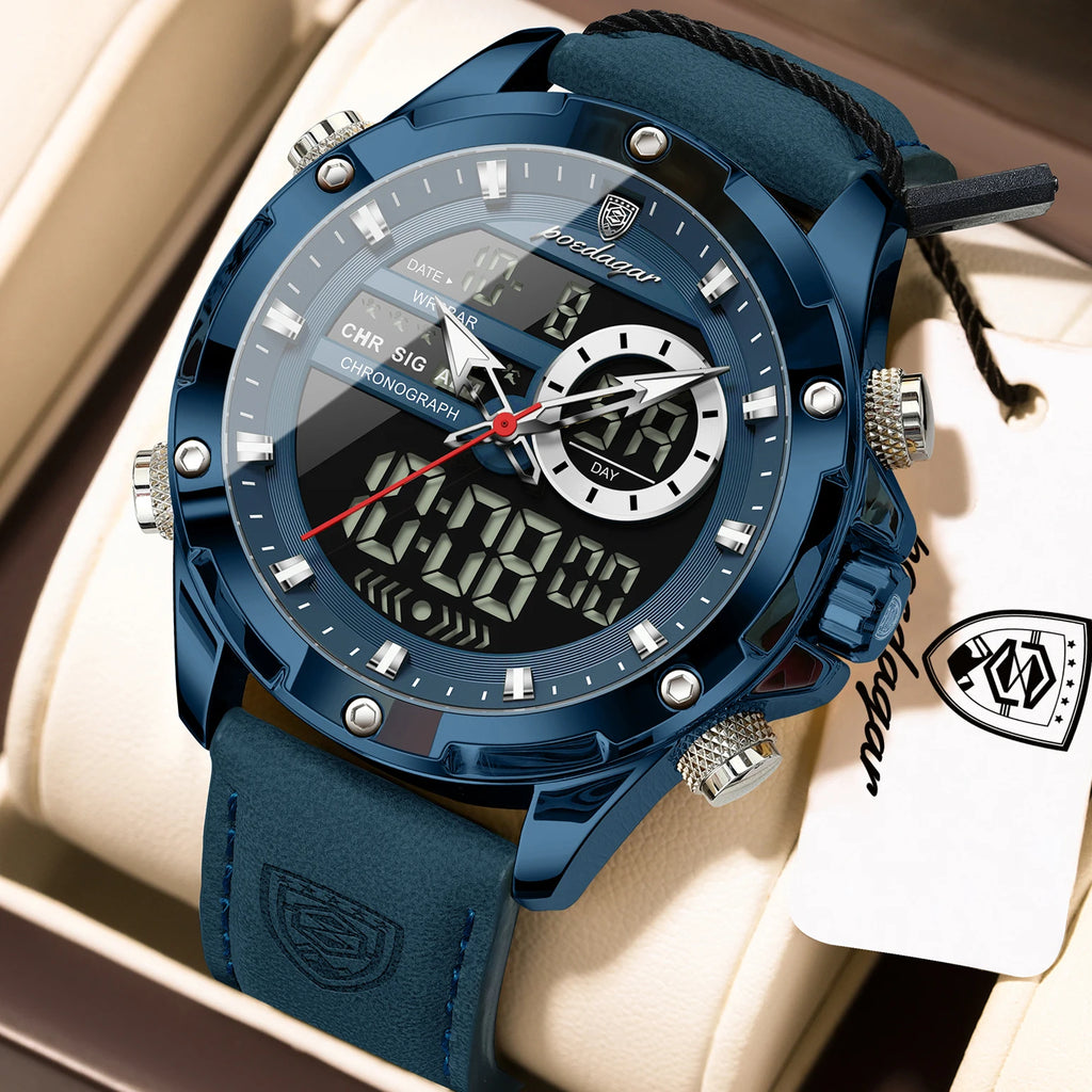 Poedagar E129 Mens Chronograph Watches Original Dual Display Quartz Watch Luxury Leather Strap Luminous Waterproof Watch for Men