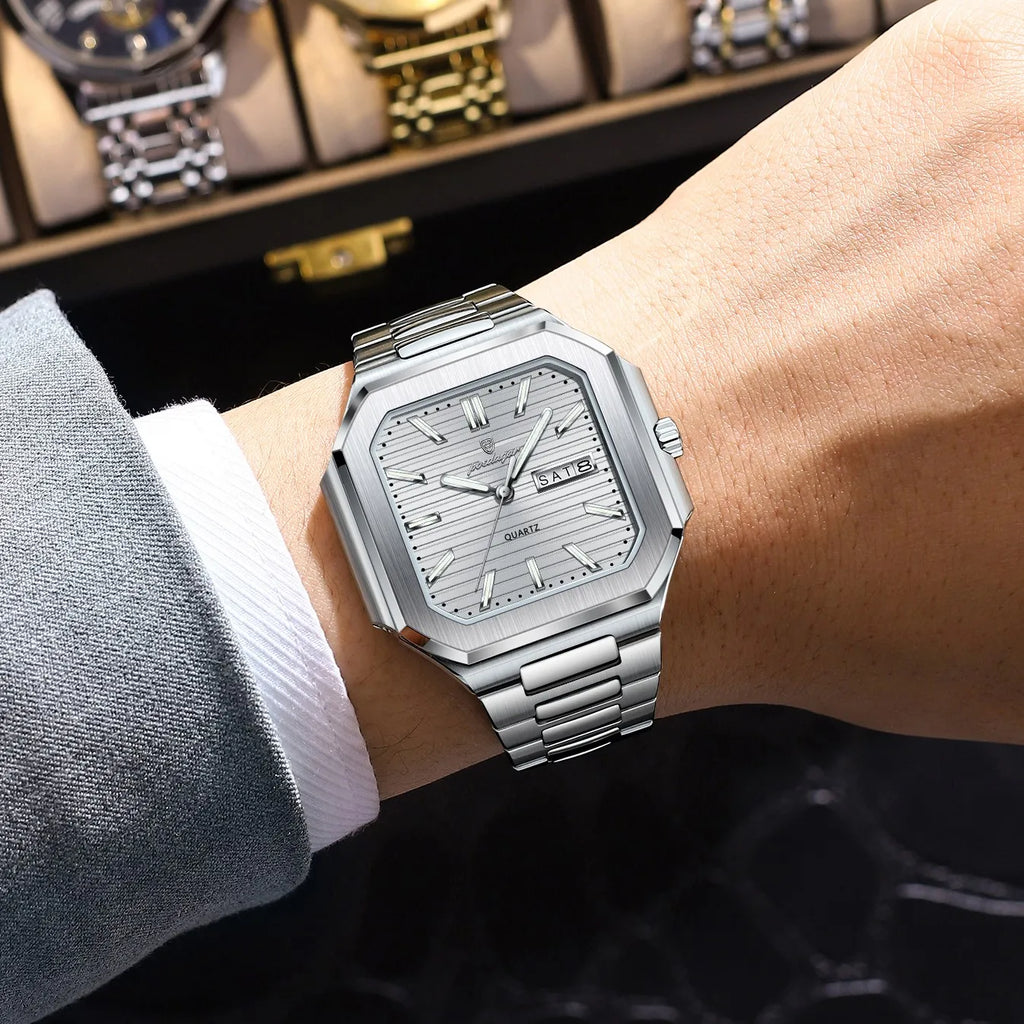 Poedagar 672 Men's Watch Luxury Business Stainless Steel Quartz Wristwatch Square Case Waterproof Luminous DateWatch for Men