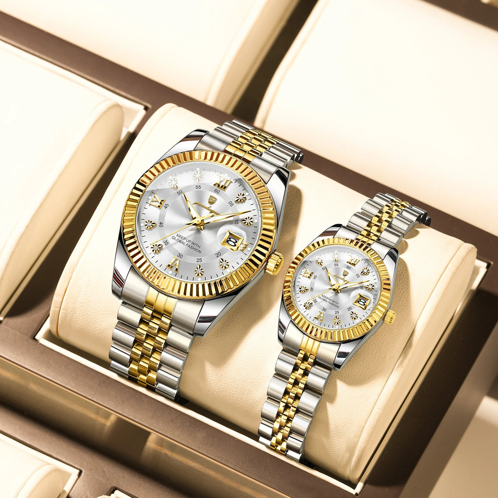 Poedagar Luxury Couple Watch Set for Men and Women Stainless Steel Quartz Calendar Waterproof Wrist Watch