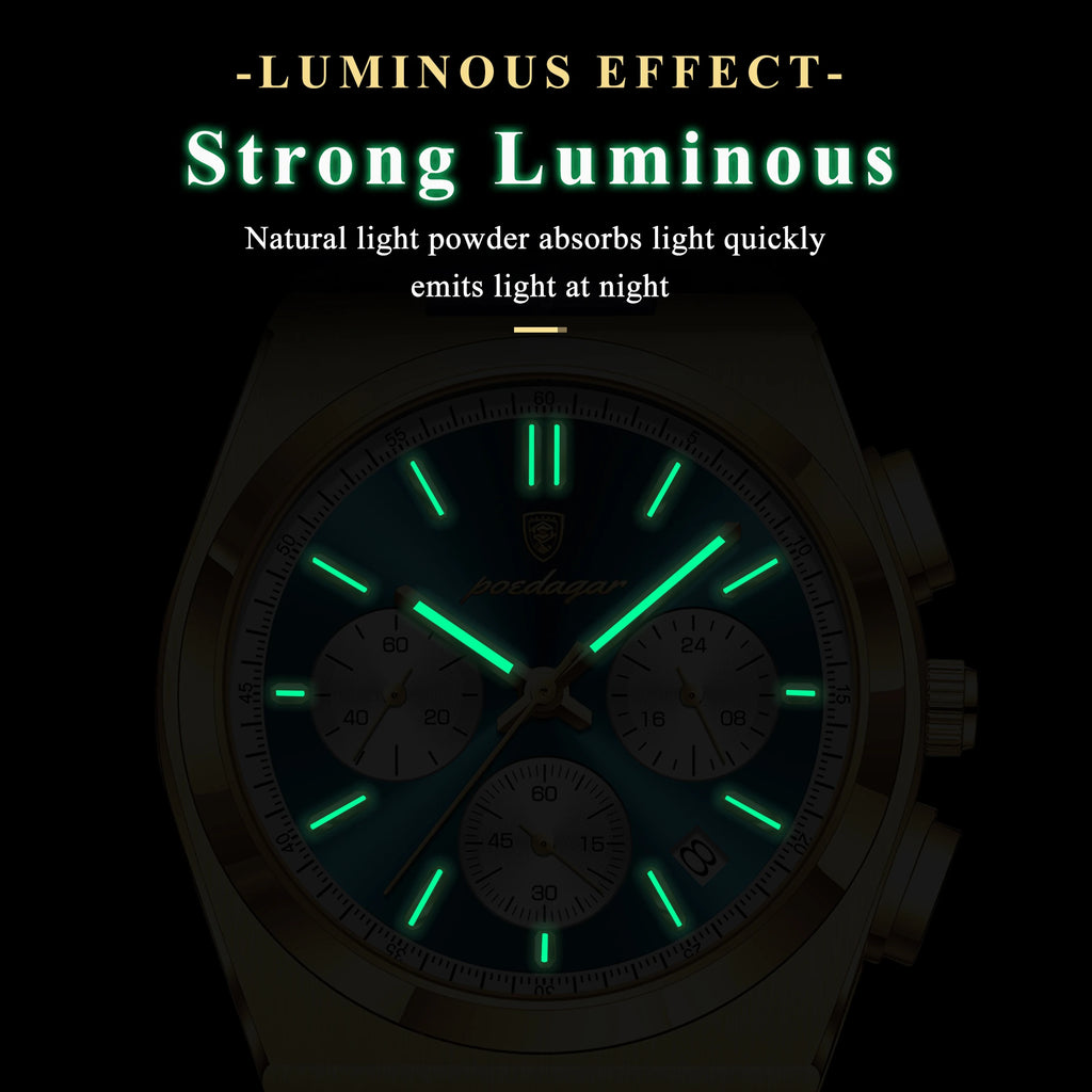 Poedagar 970 Mens Watch Luxury Leather Strap Luminous Waterproof Quartz Watches Casual Reloj Hombre Chronograph Watch for Men