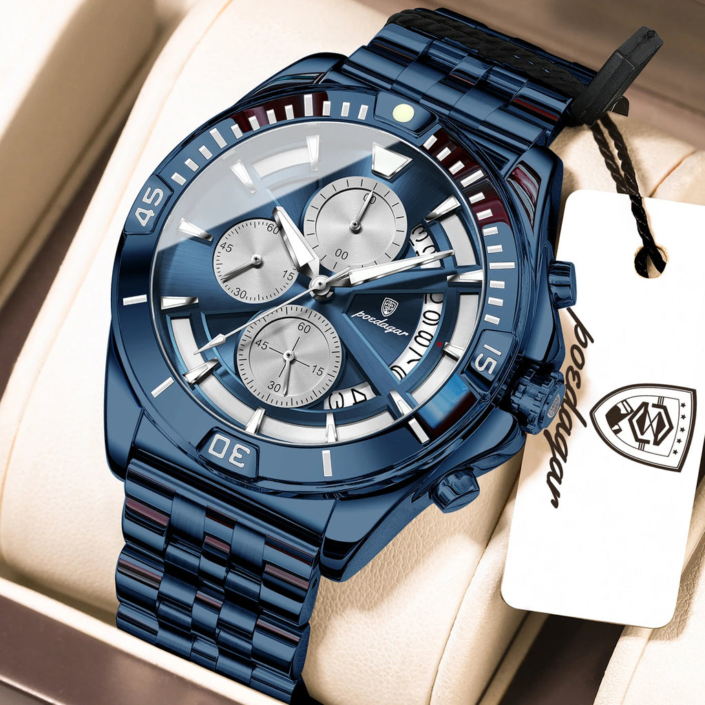 Poedagar 695 Men's Chronograph Watch Stainless Steel Waterproof Sport Daily Wear Casual Luminous Chronograph Montre Homme