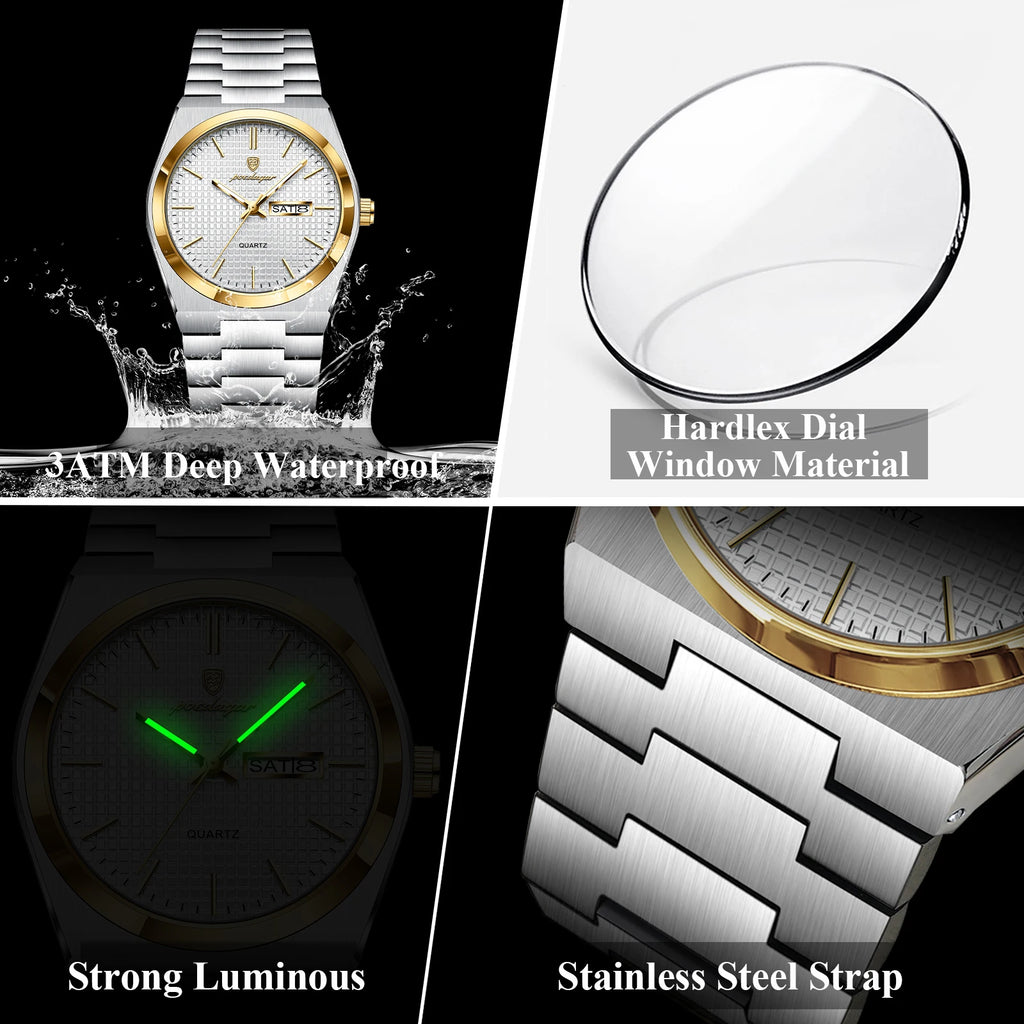 Poedagar 821 Men Watch Business Grid Dial Date Quartz Wristwatch Stainless Steel Luminous Waterproof Watch for Men Ready to Ship