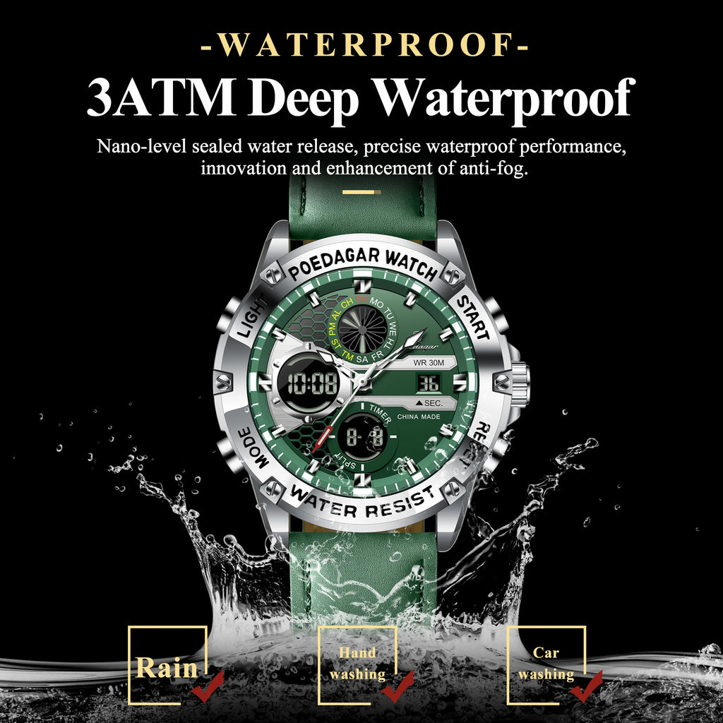 Poedagar E125 Men's Digital Watch Dual Display Quartz Watches Montre Analog Luminous Leather Strap Sports Wristwatch for Men
