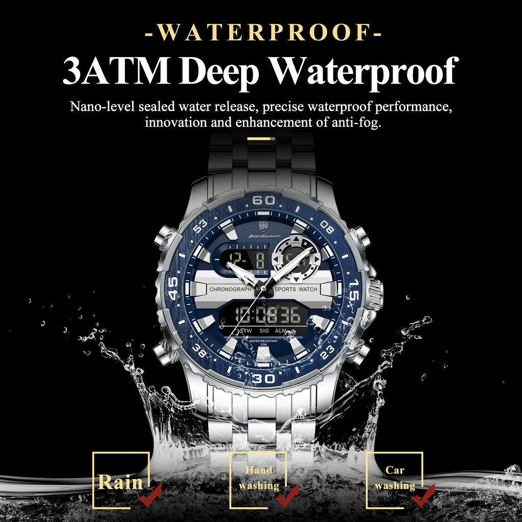 Poedagar E122 Men's Multifunctionality Chronograph Quartz Watch Stainless Steel Bracelet Alloy Case 3BAR Water Resistant