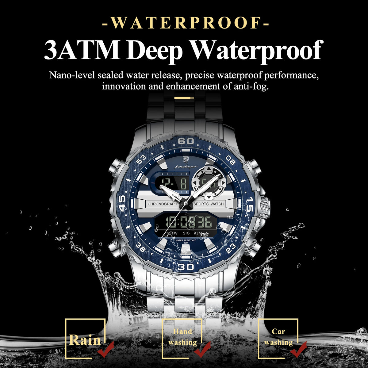 Poedagar E122 Men's Multifunctionality Chronograph Quartz Watch Stainless Steel Bracelet Alloy Case 3BAR Water Resistant