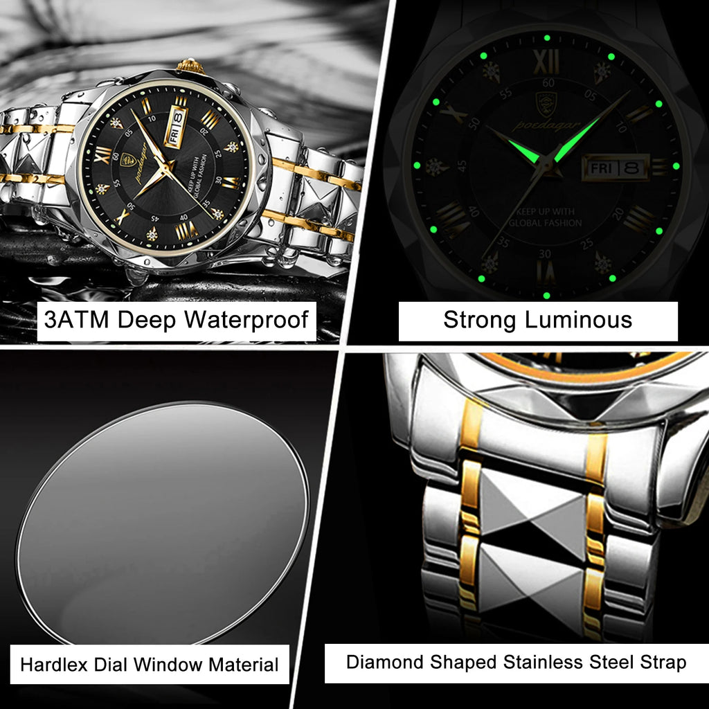 POEDAGAR 615 Men Quartz Watches Hot Sell Luxury Casual Set Stainless Steel Waterproof Luminous Date Display Alloy Wristwatch