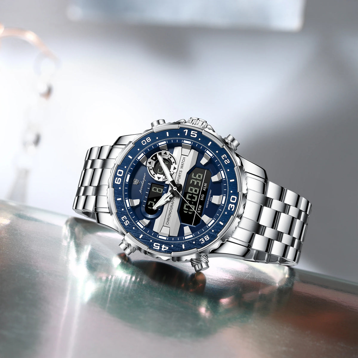 Poedagar E122 Men's Multifunctionality Chronograph Quartz Watch Stainless Steel Bracelet Alloy Case 3BAR Water Resistant