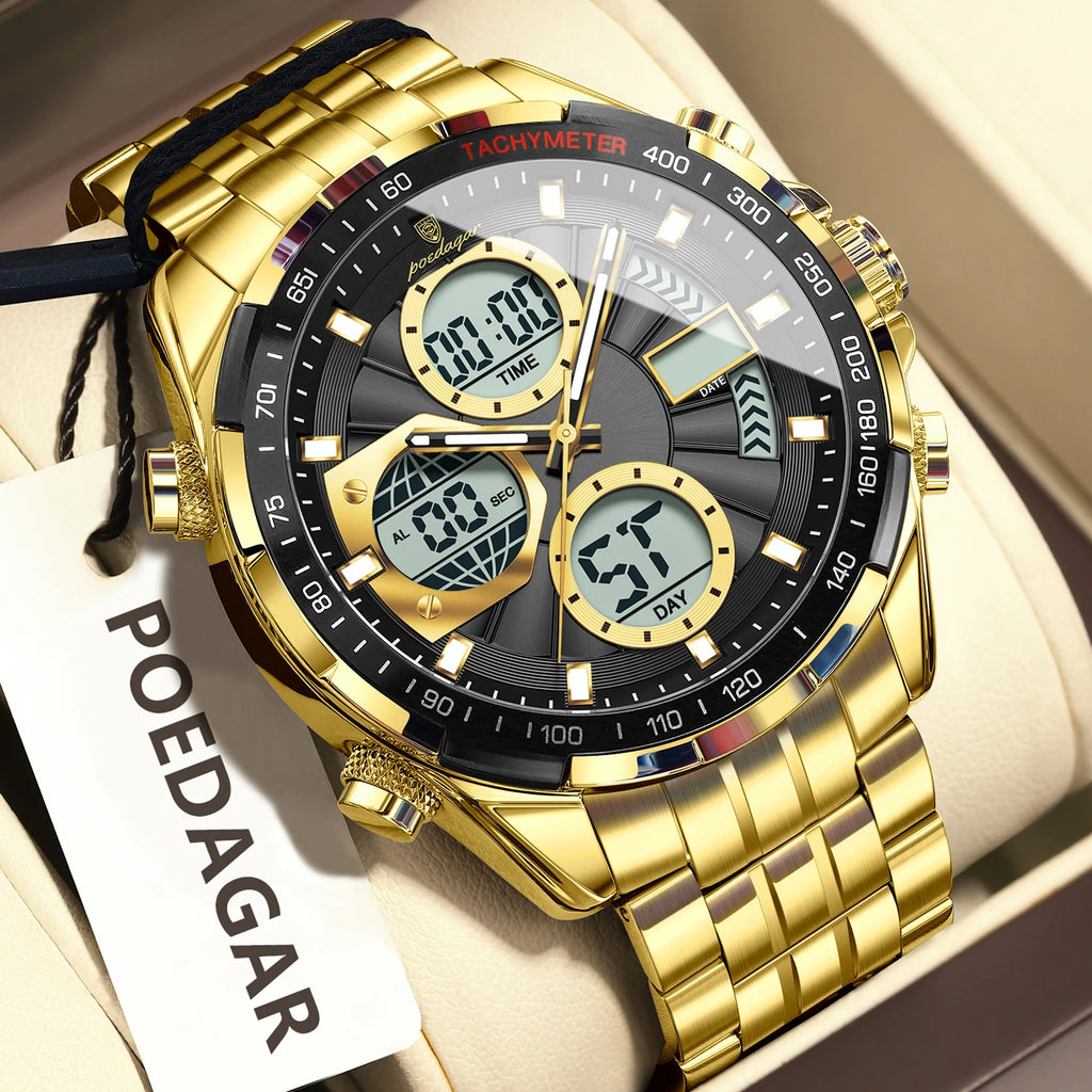 Poedagar E108 Multifunction Chronograph Alarm Stainless Steel Strap Men's Quartz Watch with 30M Waterproof Luminous