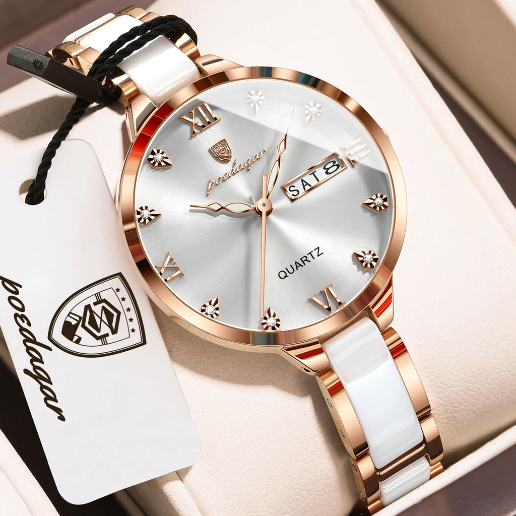 Poedagar 506 Luxury Stainless Steel Strap Women Quartz Watch Luminous Waterproof WristWatch