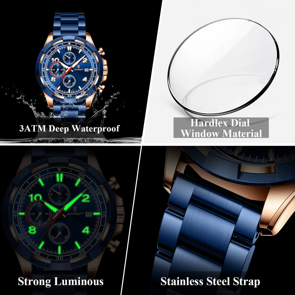 For Poedagar New Fashion Men's Quartz Watch 47MM Dial Waterproof Multi-Functional Chronograph Stainless Steel 22mm Business