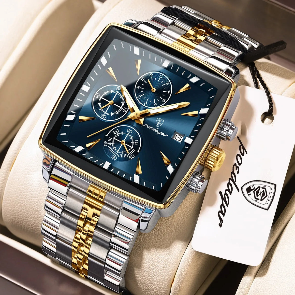 Poedagar 866 Luxury Men Watch Square Chronograph 3-Eye Dial Stainless Steel Band Luminous Waterproof Business Montre Wristwatch