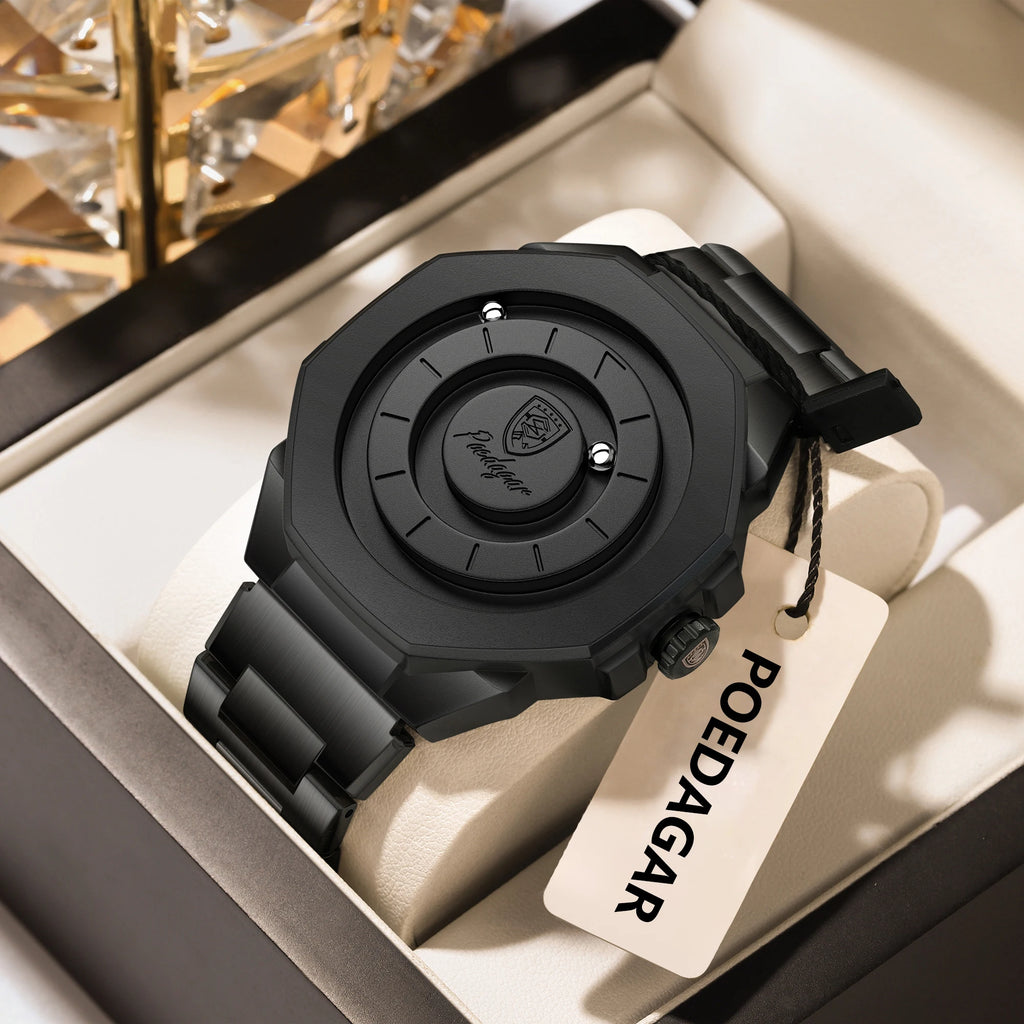 Poedagar 670 Black Magnetic Ball Rotating Stainless Steel Bracelet Waterproof Men Quartz Watch