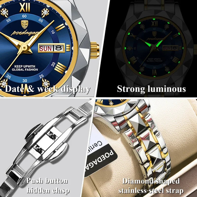 POEDAGAR Luxury Diamond Stainless Steel Montre Femme Waterproof Luminous Quartz Watches Week Date Ladies Watch