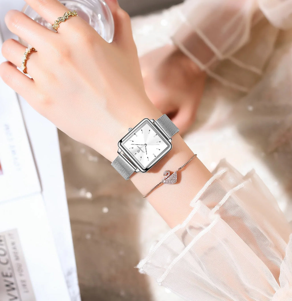Poedagar Ladies Nordic Elegant Minimalist Square Quartz Watch Mesh Band 3ATM Waterproof Gift for Women Daily Factory Wholesale