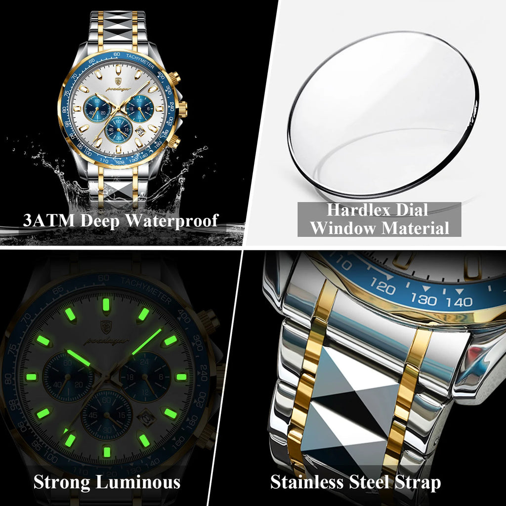 Poedagar 815 Luxury Men Watches Business Chronograph Stainless Steel Luminous Waterproof Sport Montre Quartz Watch for Men