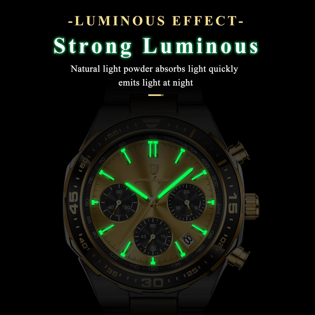 Poedagar 697 2-Tone Gold Mens Luxury Business Sport Chronograph Watch Tachymeter Luminous Date 3ATM Waterproof Factory Wholesale