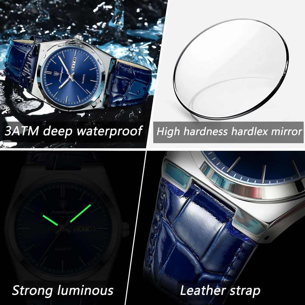 Poedagar Hot Sale Casual Leather Luxury Watch Waterproof Luminous Quartz Watch for Men