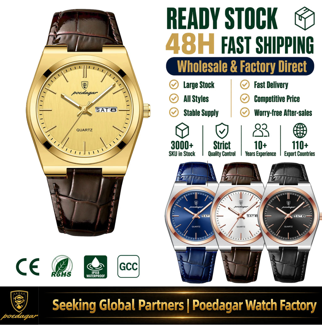 Poedagar 930 Men's Watches Luxury Leather Strap Watch Waterproof Fashion Reloj Luminous Quartz Wristwatch for Men Fast Track