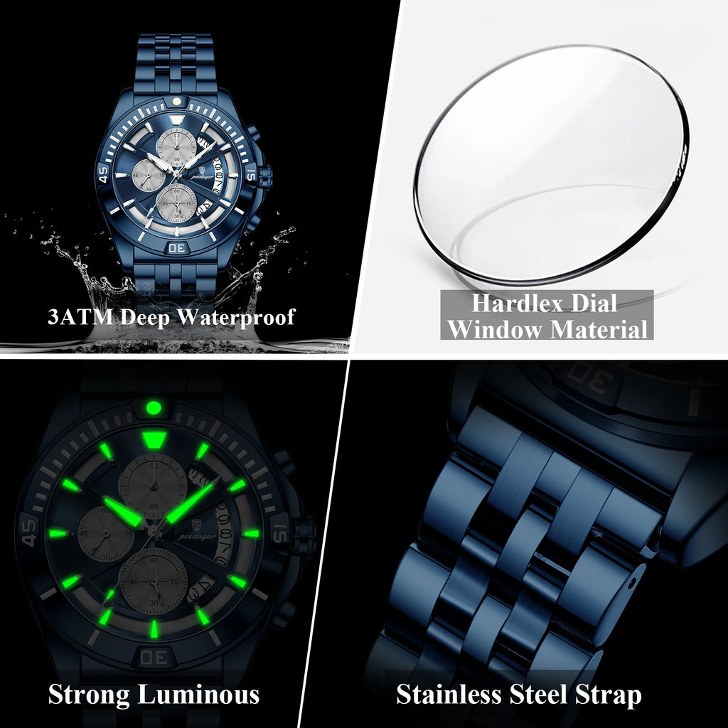 Poedagar 695 Men's Chronograph Watch Stainless Steel Waterproof Sport Daily Wear Casual Luminous Chronograph Montre Homme