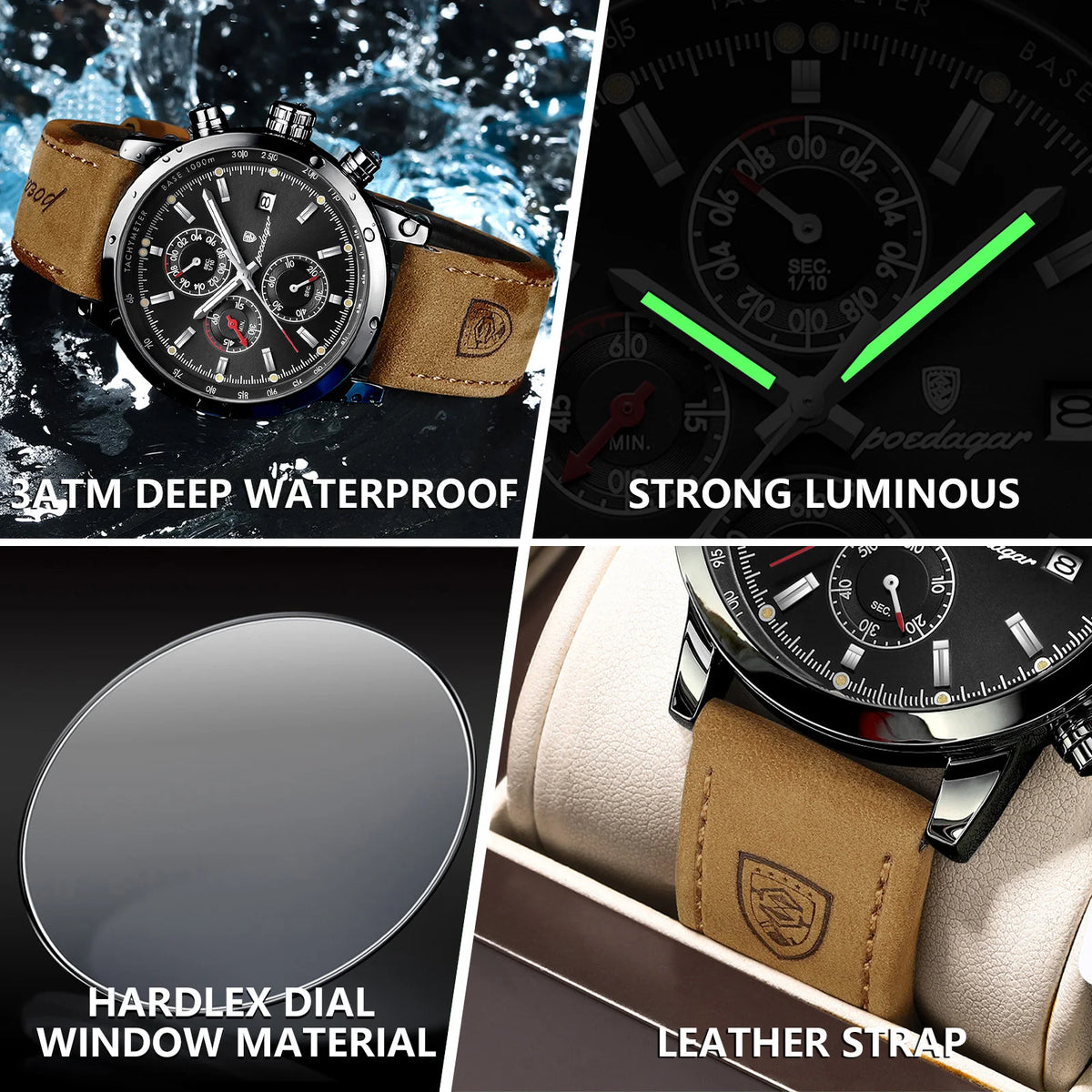 Poedagar 932 Luxury Men's Watch Leather Strap Waterproof Quartz Watches Luminous Chronograph Wristwatch for Men Montre Homme