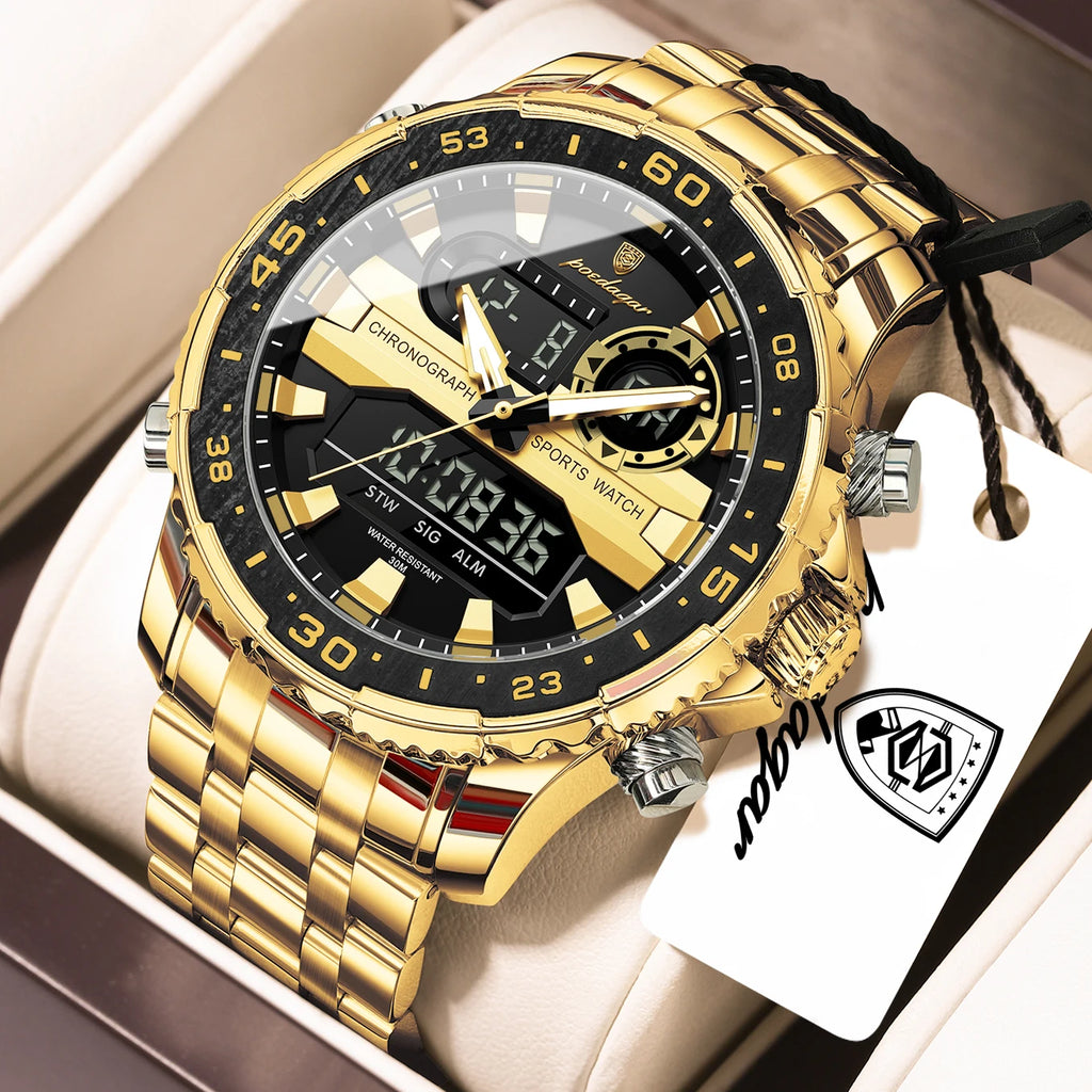 Poedagar E122 Men's Fashion Quartz Watch 46MM Dial Stainless Steel Waterproof Wristwatch for Daily Business Casual Wear