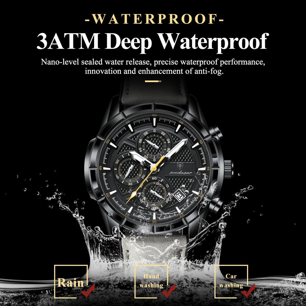 Poedagar 692 Luxury Mens Quartz Watch Sports Luminous Chronograph Montre Homme Genuine Leather Strap Waterproof Watch for Men