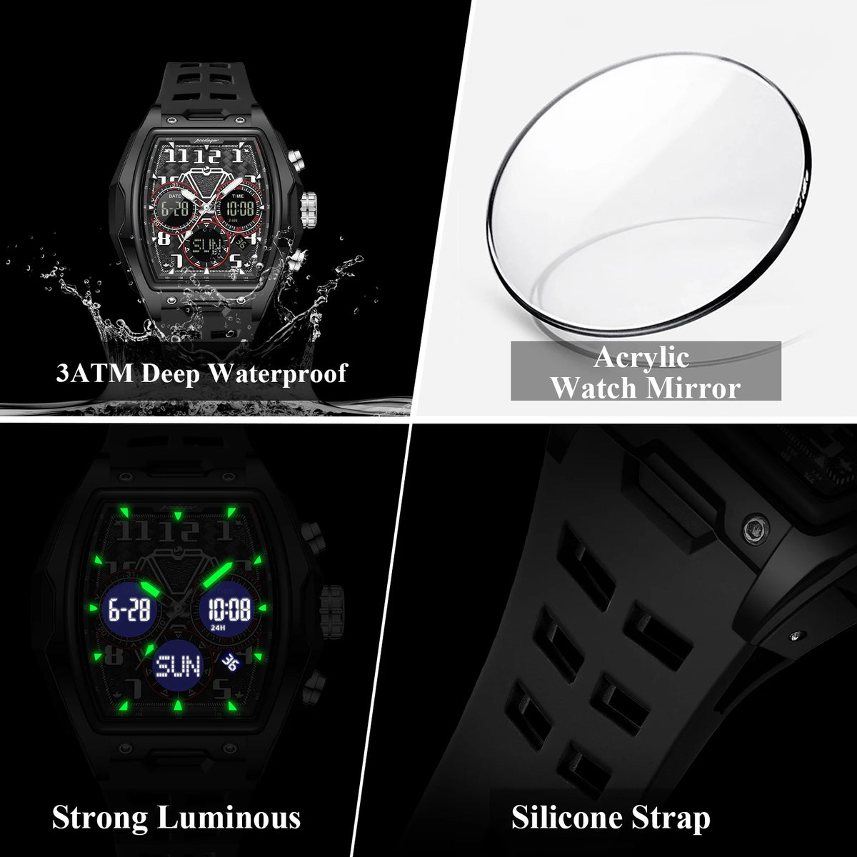 Poedagar 636 Men's Watch Analog-Digital Silicone Strap Quartz Watches Trendy Sport Dual Display Montre Waterproof Luminous Watch