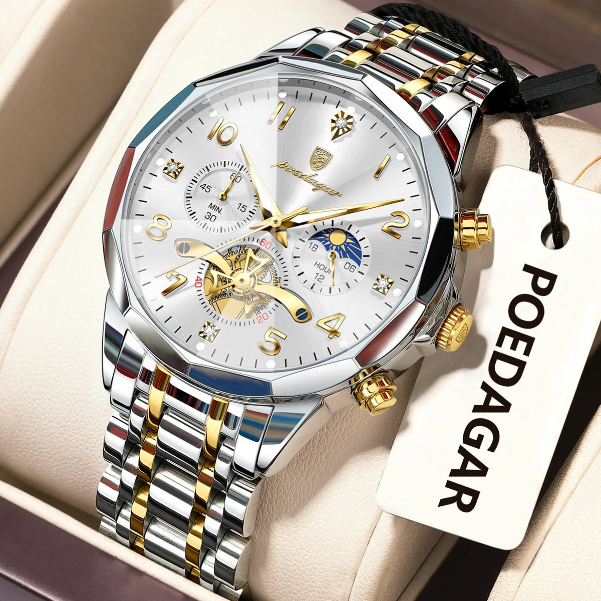 Poedagar 939 Men's Luxury Stainless Steel Chronograph Quartz Watch Waterproof Luminous Watch for Men
