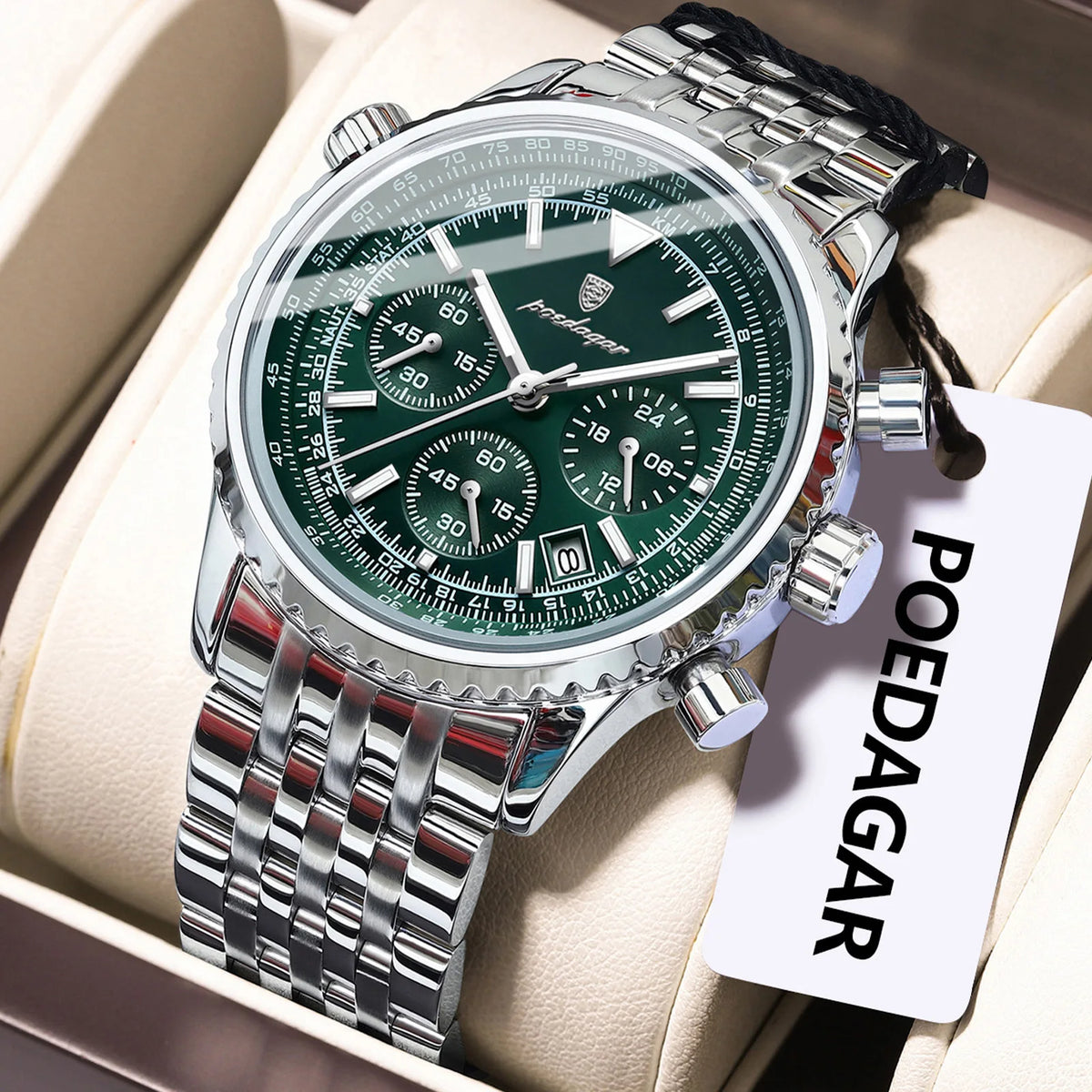 Poedagar 960 Chronograph Men Watch Sports 3-Eye Dial Stainless Steel Reloj Luminous Date Waterproof Business Quartz Wristwatch
