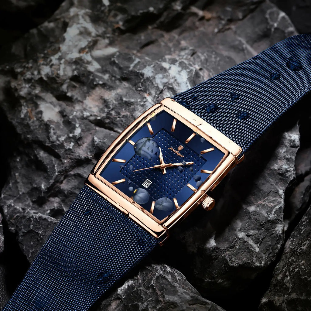 Poedagar 885 Men's Stainless Steel Mesh Quartz Watch Luminous Date Display Waterproof Luxury Fashion Watch Square Watch for Men