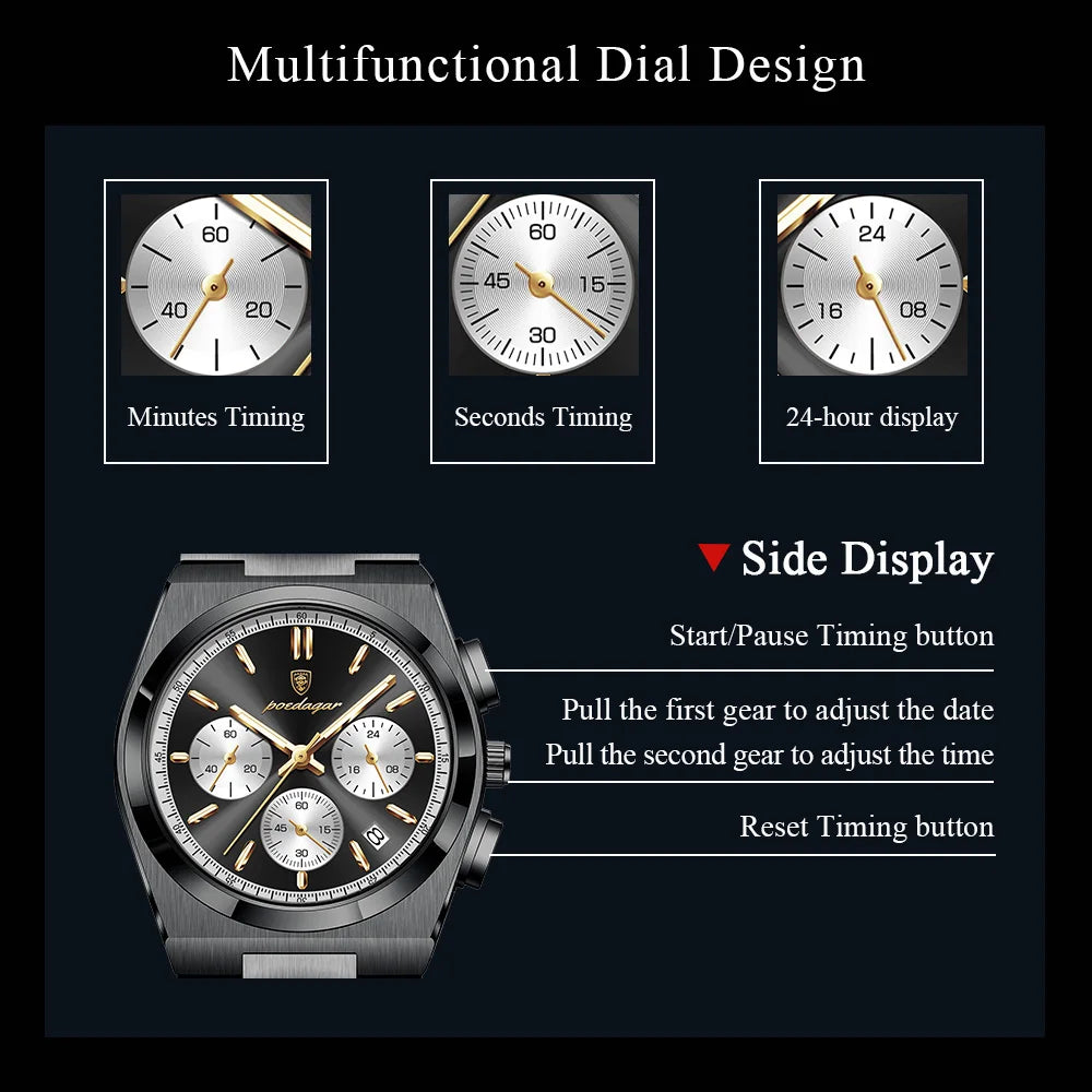 Poedagar 970 Luxury Mens Watch Waterproof Luminous Quartz Watches Montre Homme Relogio Chronograph Stainless Steel Watch for Men