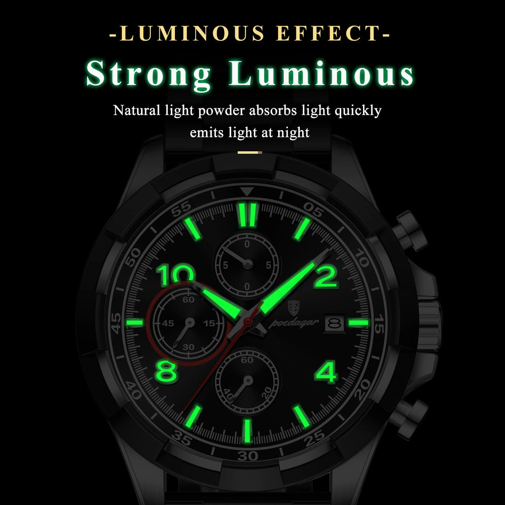 Watch for Men Luxury Poedagar 685 Chronograph Quartz Watches Luminous Date Reloj Hombre Stainless Steel Waterproof Men's Watch