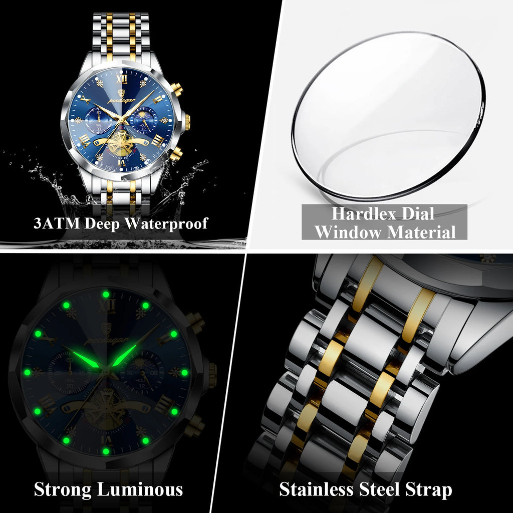 Poedagar 938 Men's Luxury Stainless Steel Chronograph Quartz Watch Waterproof Luminous with 42mm Alloy Dial Watch for Men