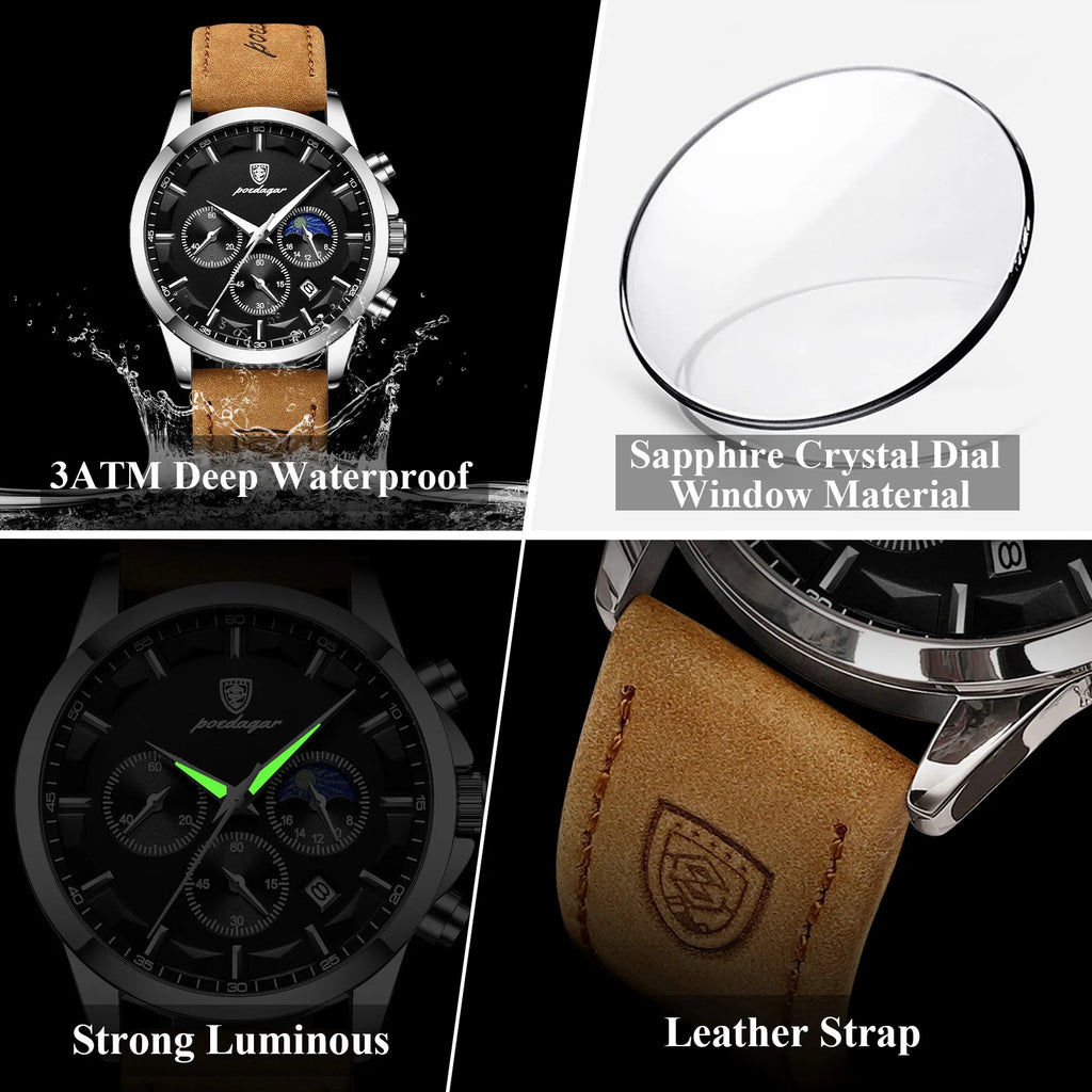 Ready to Ship POEDAGAR 928 Men Watch Luxury Moon Phase Chronograph Leather Strap Luminous Waterproof Watch for Men Montre Homme