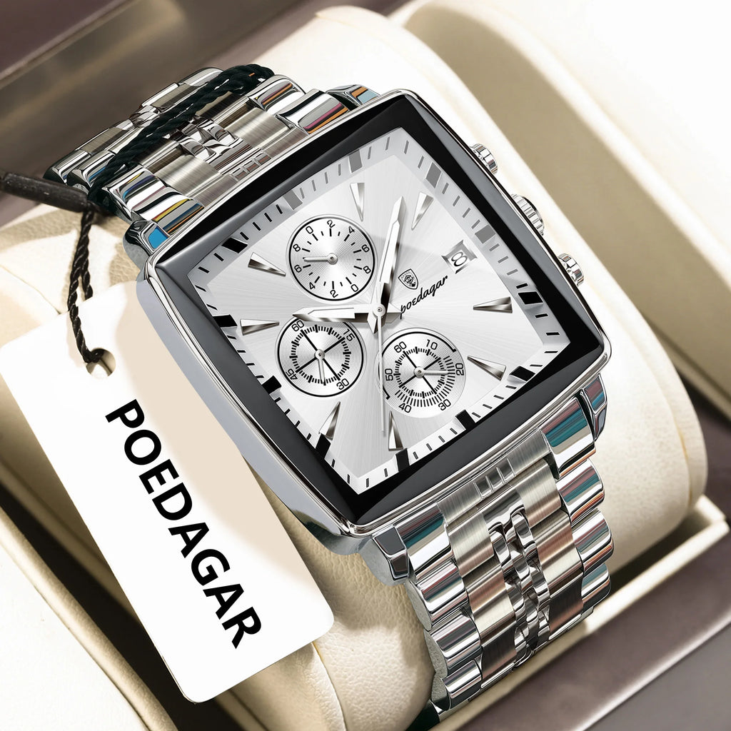 Poedagar 866 Men Watch Luxury Wholesale Square Chronograph Stainless Steel Luminous Waterproof Factory Direct Ready to Ship