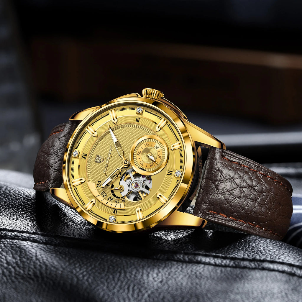 Poedagar 1427 Luxury Men Mechanical Watch All Gold Leather Band Luminous Montre 3ATM Waterproof Automatic Wristwatch for Men