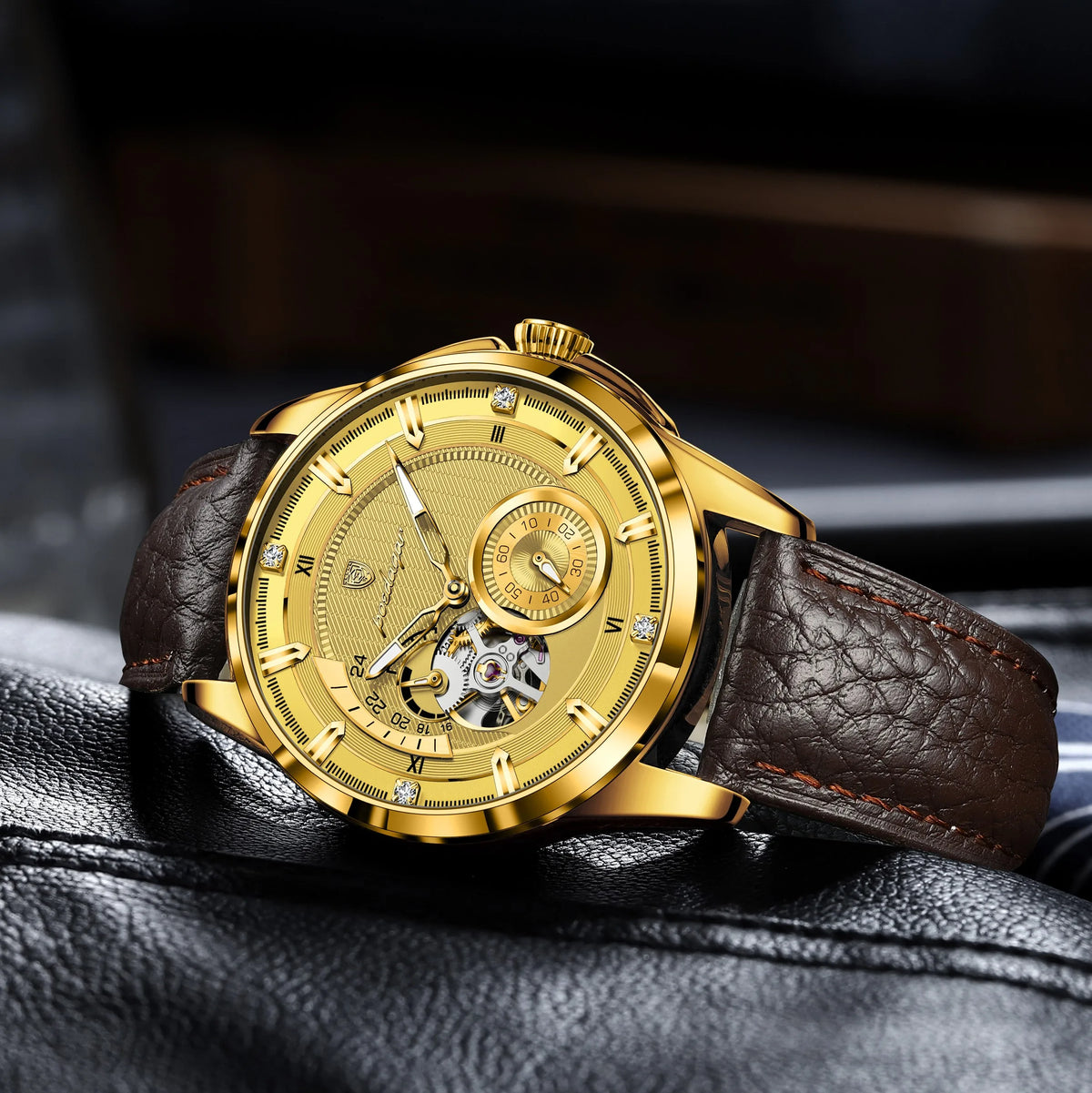 Poedagar 1427 Luxury Men Mechanical Watch All Gold Leather Band Luminous Montre 3ATM Waterproof Automatic Wristwatch for Men