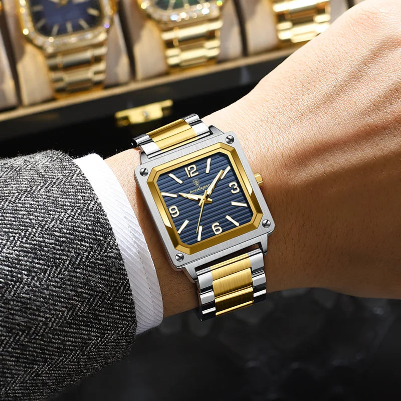 Poedagar 870 Business Luxury Square Quartz Men Watch Waterproof Luminous Stainless Steel Watch for Men